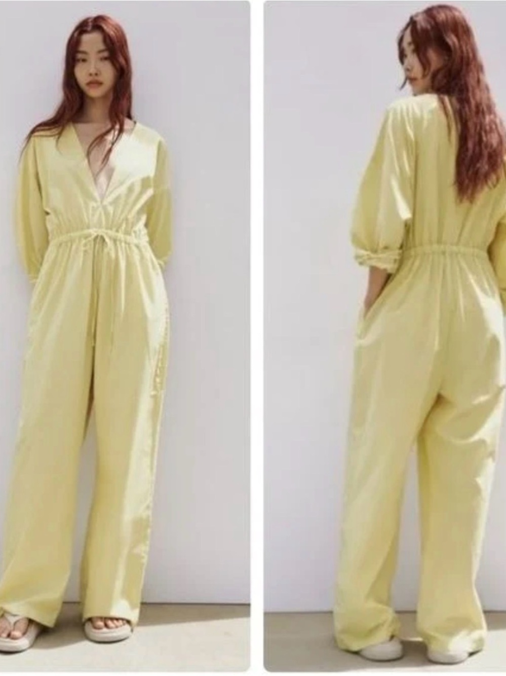 ZARA Light Yellow-Green Ladies Jumpsuit with Drawstring Waist NWT